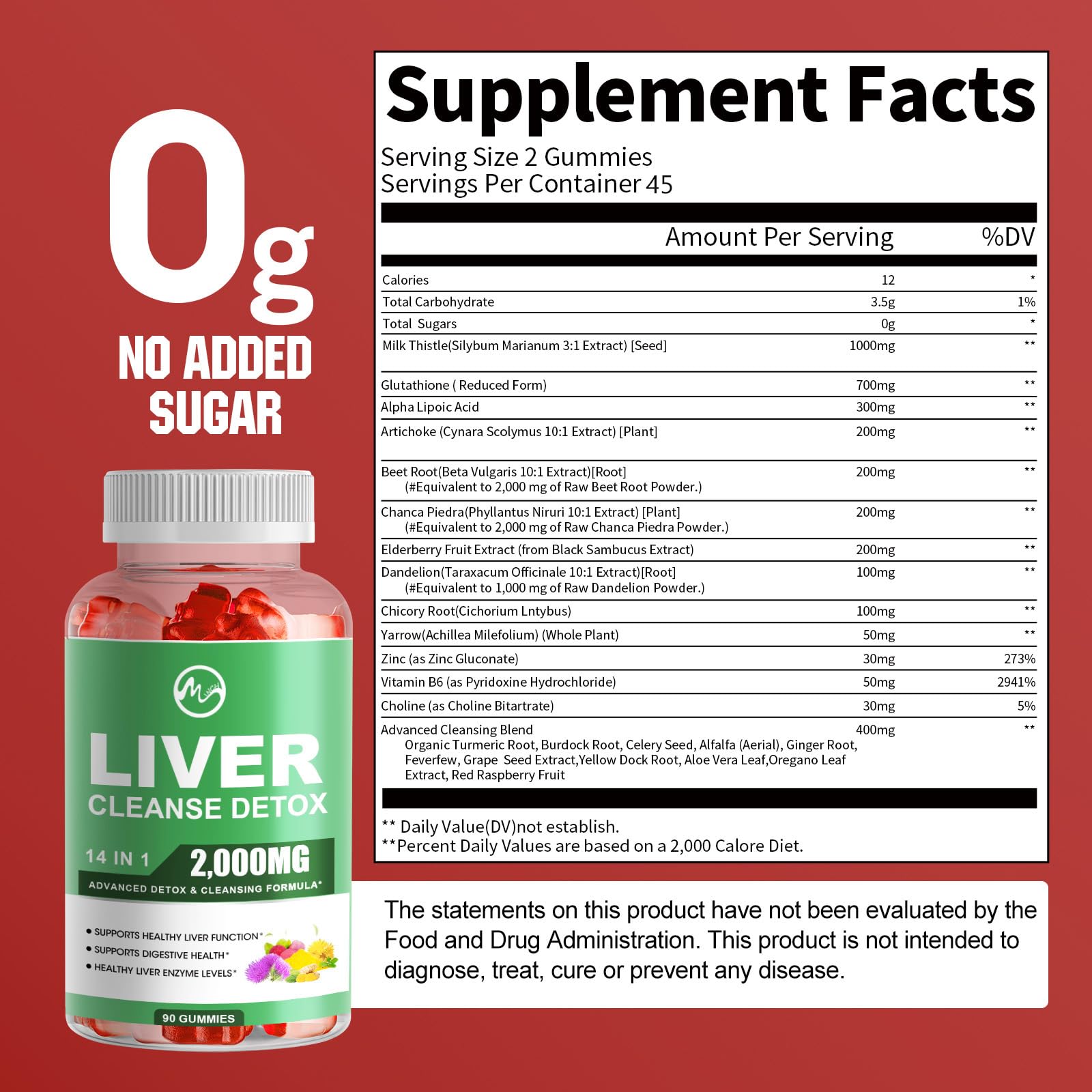 Liver Cleanse Detox & Repair Gummies, Sugar Free Liver Health Support Supplement with 2000mg Milk Thistle, Glutathion, Dandelion, Alpha Lipoic Acid, Artichoke, 2 Pack, 180 Count, Raspberry Flavor - M inch