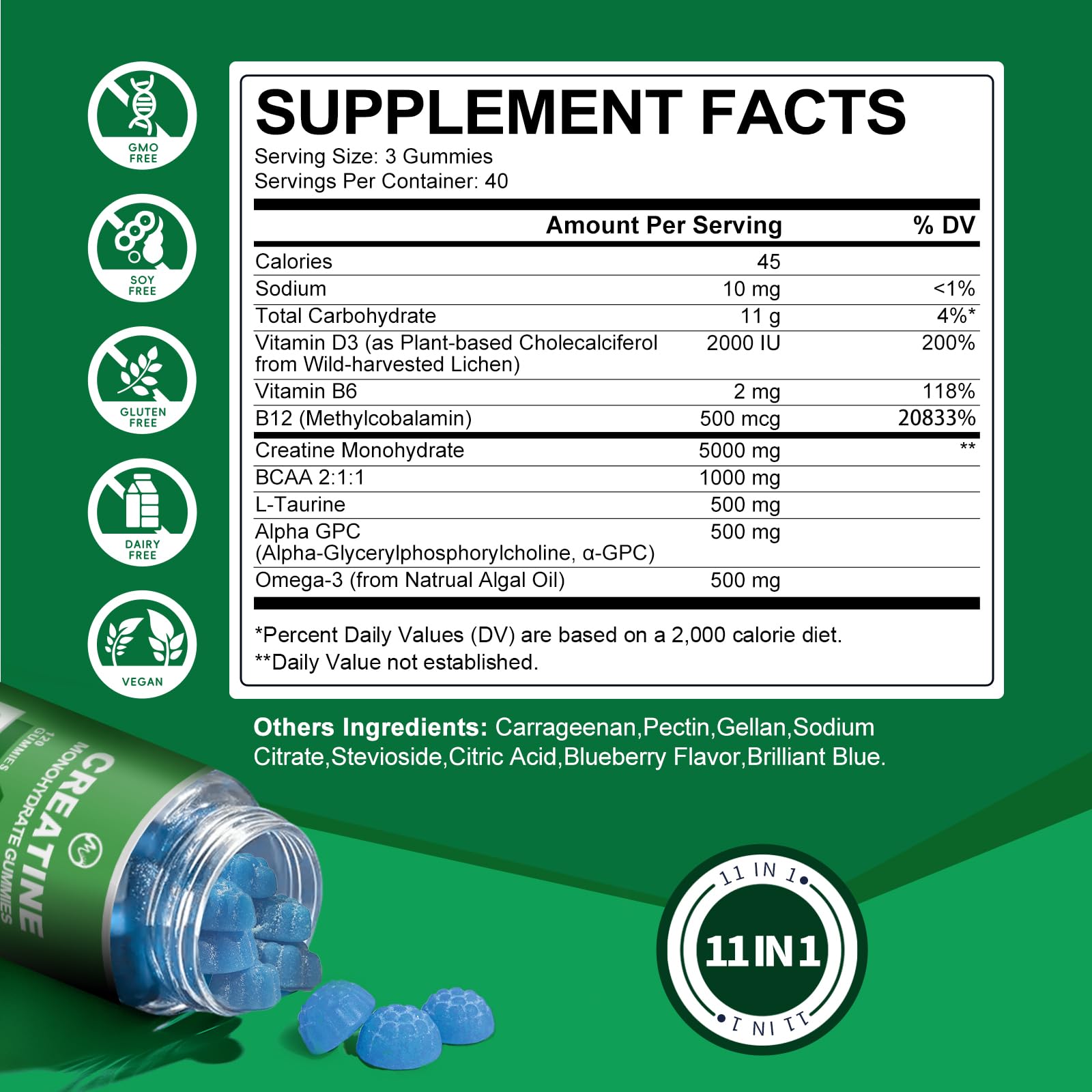 Creatine Monohydrate Gummies - 5000mg Creatine Monohydrate for Men & Women, with BCAA, L-Taurine, Alpha GPC and Omega-3, Increase Strength and Build Muscle, Blueberry Flavor, 120 Gummies - M inch