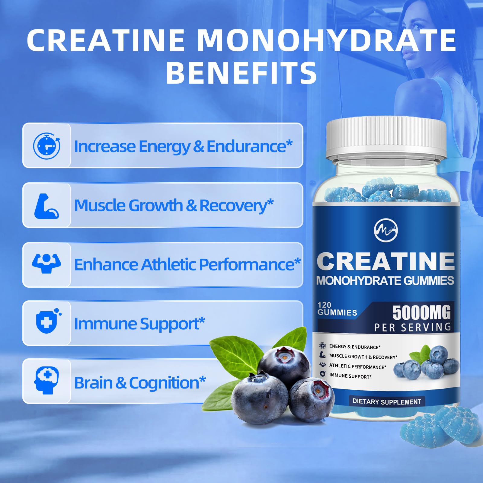 Creatine Monohydrate Gummies 5000mg with Taurine and L-Glutamine, Blueberry Flavored Creatine Monohydrate for Men and Women, Pre Workout Supplement for Muscle Strength and Energy Boost, 120 Gummies - M inch