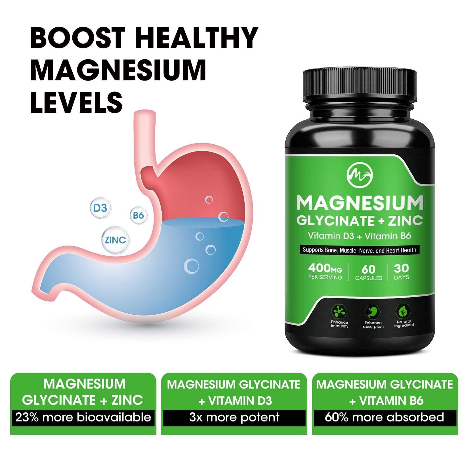 (2 Pack) Magnesium Glycinate Capsules, Magnesium Supplement 400 mg with Zinc,Vitamin D3 & B6 - Highly Bioavailable and Absorption - Bone,Heart,Joint,Immune Support - 120CT - M inch