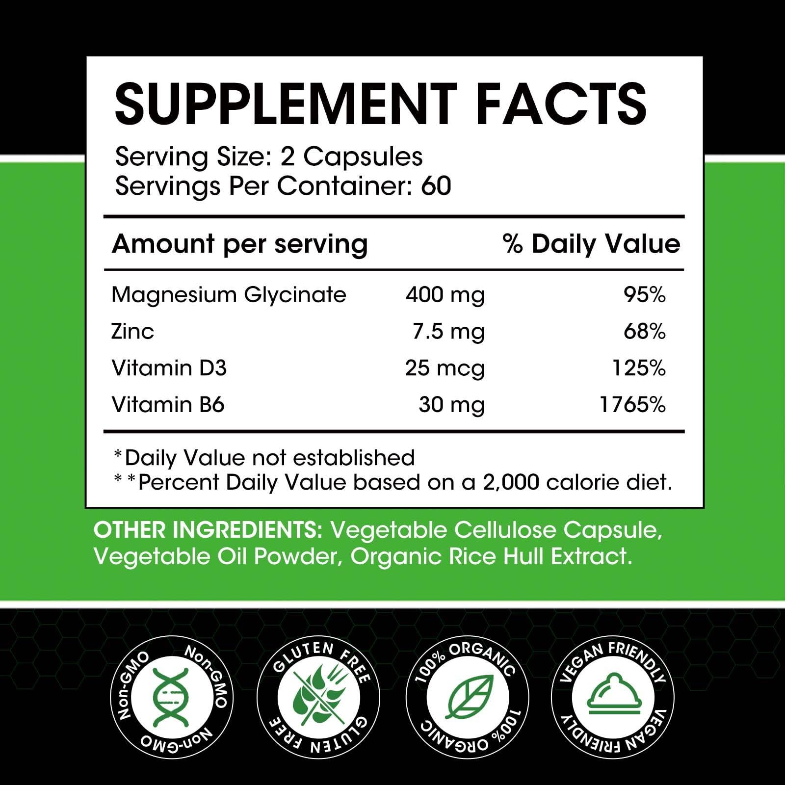 (2 Pack) Magnesium Glycinate Capsules, Magnesium Supplement 400 mg with Zinc,Vitamin D3 & B6 - Highly Bioavailable and Absorption - Bone,Heart,Joint,Immune Support - 120CT - M inch