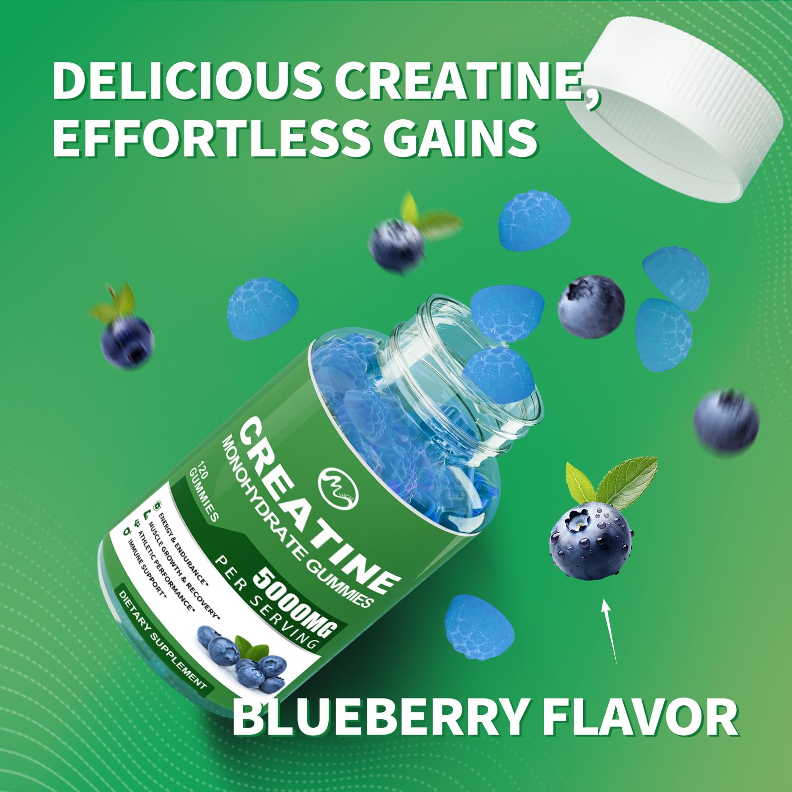 Creatine Monohydrate Gummies - 5000mg Creatine Monohydrate for Men & Women, with BCAA, L-Taurine, Alpha GPC and Omega-3, Increase Strength and Build Muscle, Blueberry Flavor, 120 Gummies - M inch