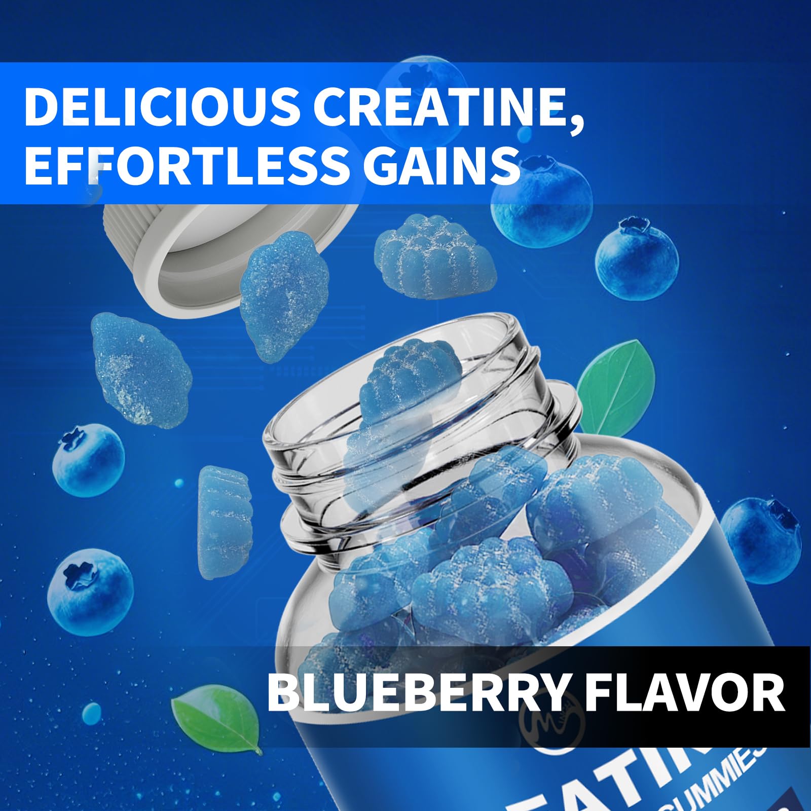 Creatine Monohydrate Gummies 5000mg with Taurine and L-Glutamine, Blueberry Flavored Creatine Monohydrate for Men and Women, Pre Workout Supplement for Muscle Strength and Energy Boost, 120 Gummies - M inch