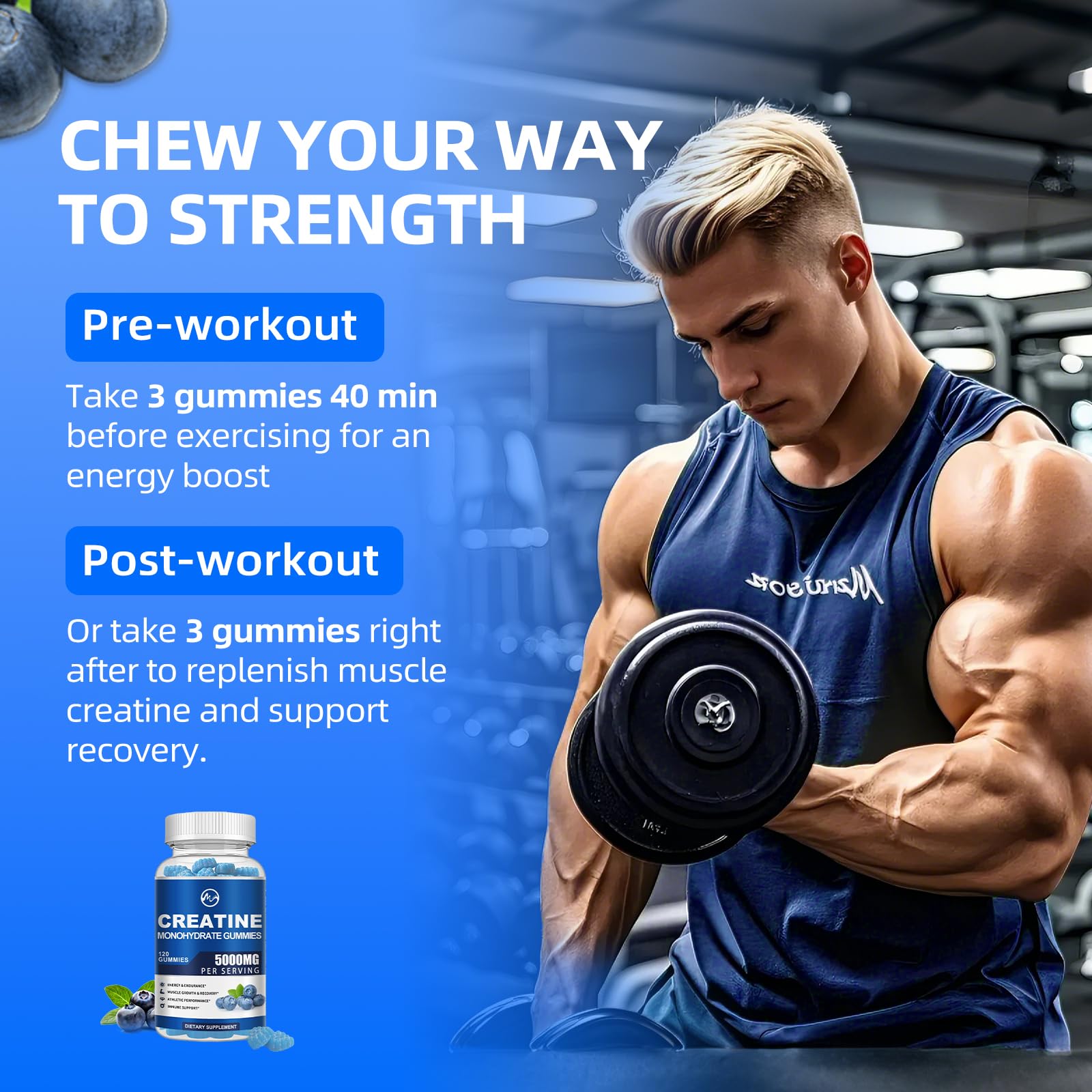 Creatine Monohydrate Gummies 5000mg with Taurine and L-Glutamine, Blueberry Flavored Creatine Monohydrate for Men and Women, Pre Workout Supplement for Muscle Strength and Energy Boost, 120 Gummies - M inch
