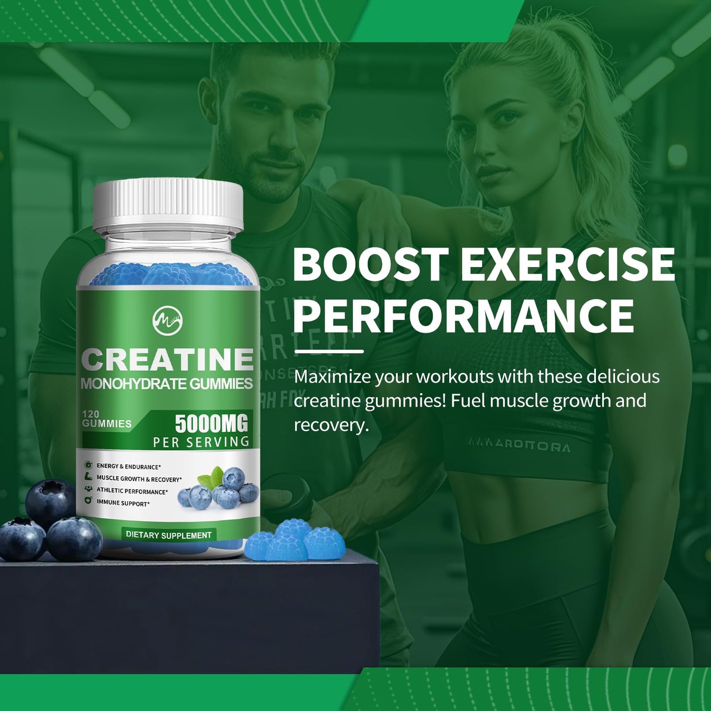 Creatine Monohydrate Gummies - 5000mg Creatine Monohydrate for Men & Women, with BCAA, L-Taurine, Alpha GPC and Omega-3, Increase Strength and Build Muscle, Blueberry Flavor, 120 Gummies