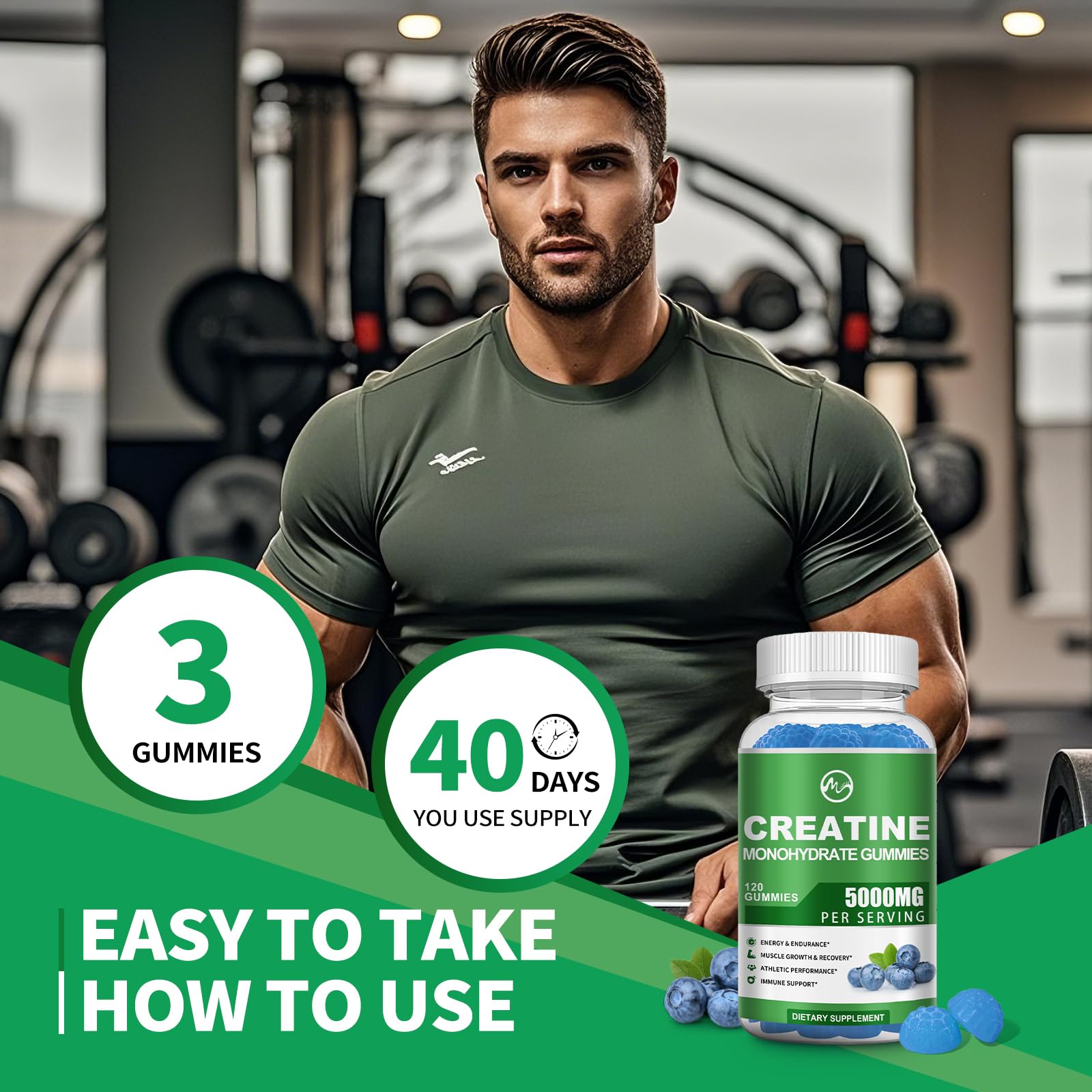 Creatine Monohydrate Gummies - 5000mg Creatine Monohydrate for Men & Women, with BCAA, L-Taurine, Alpha GPC and Omega-3, Increase Strength and Build Muscle, Blueberry Flavor, 120 Gummies - M inch