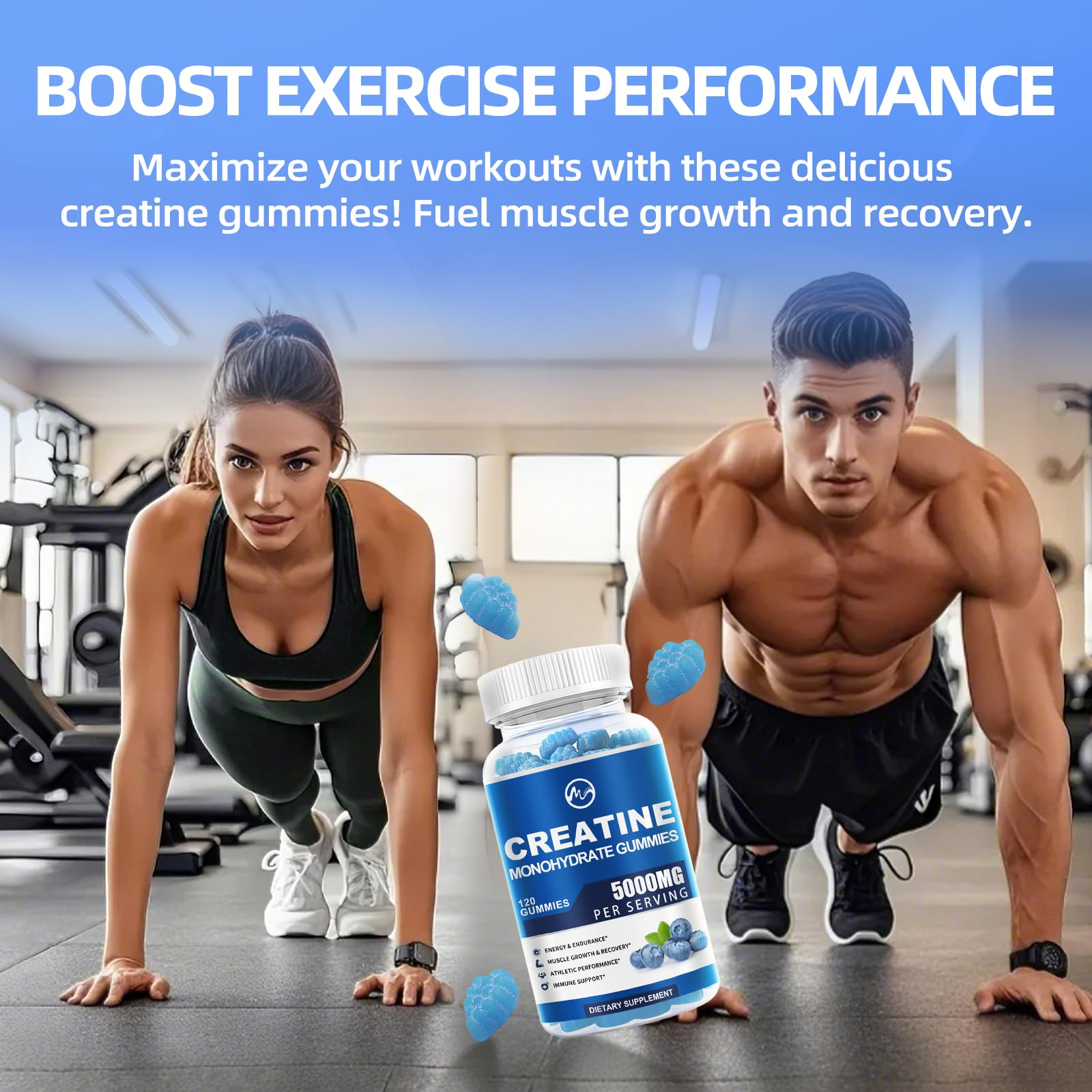 Creatine Monohydrate Gummies 5000mg with Taurine and L-Glutamine, Blueberry Flavored Creatine Monohydrate for Men and Women, Pre Workout Supplement for Muscle Strength and Energy Boost, 120 Gummies - M inch