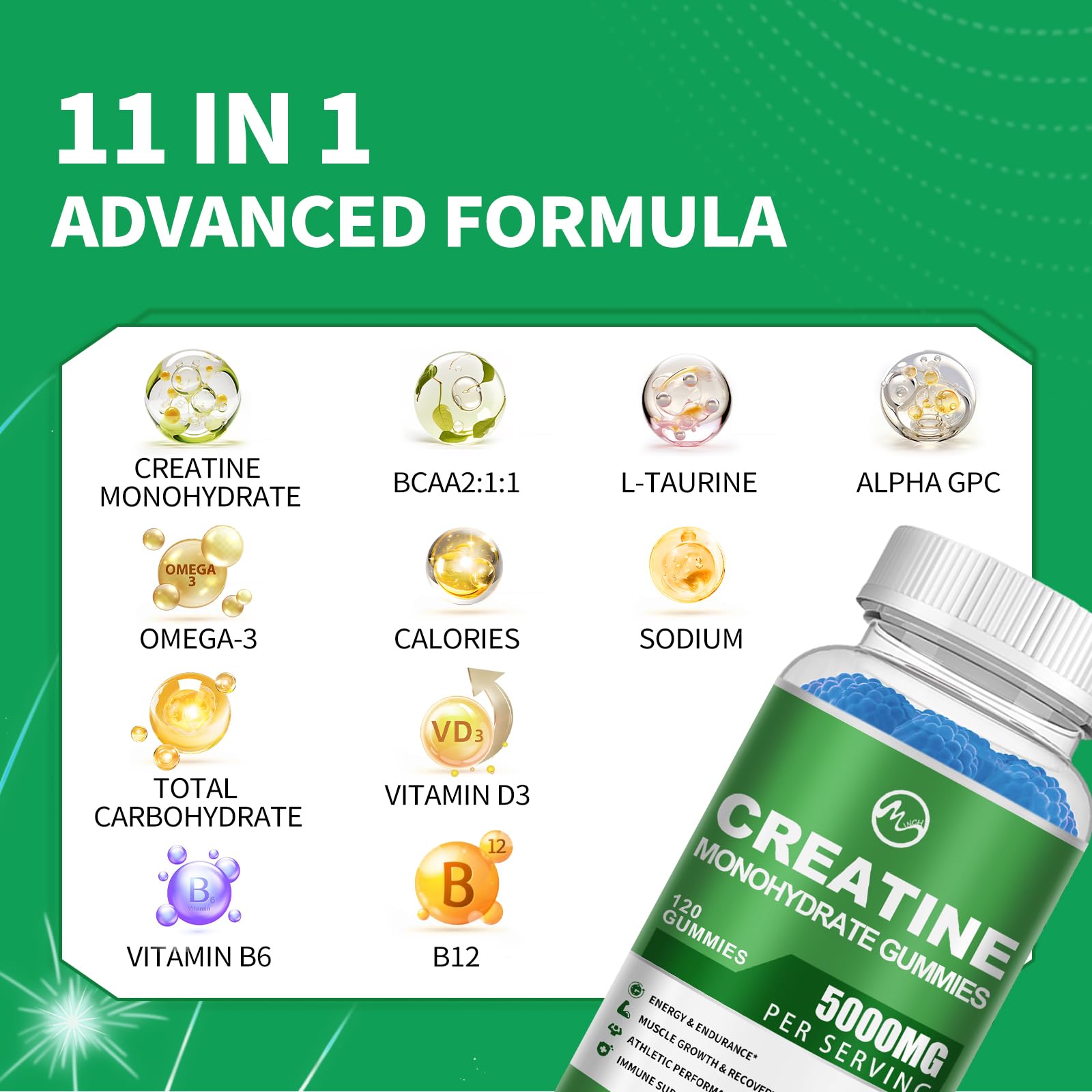 Creatine Monohydrate Gummies - 5000mg Creatine Monohydrate for Men & Women, with BCAA, L-Taurine, Alpha GPC and Omega-3, Increase Strength and Build Muscle, Blueberry Flavor, 120 Gummies - M inch