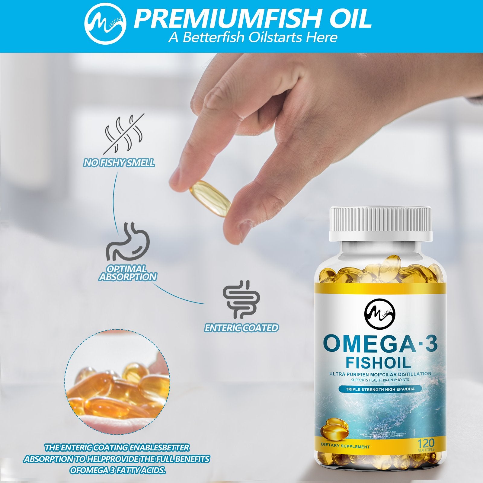 Minch Deep Sea Fish Oil Capsule Triple Strength Omega3 Support Heart & Brain Healthy Immune Improve Immunity - M inch