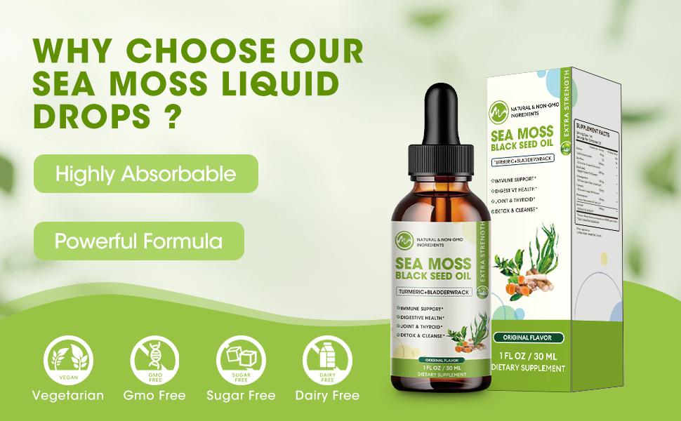 Sea Moss Liquid Drop - Black Seed Oil Sea Moss Gel Drop with Ashwagandha, Burdock Root, Bladderwrack, 2 Fl Oz, Original Flavor - M inch