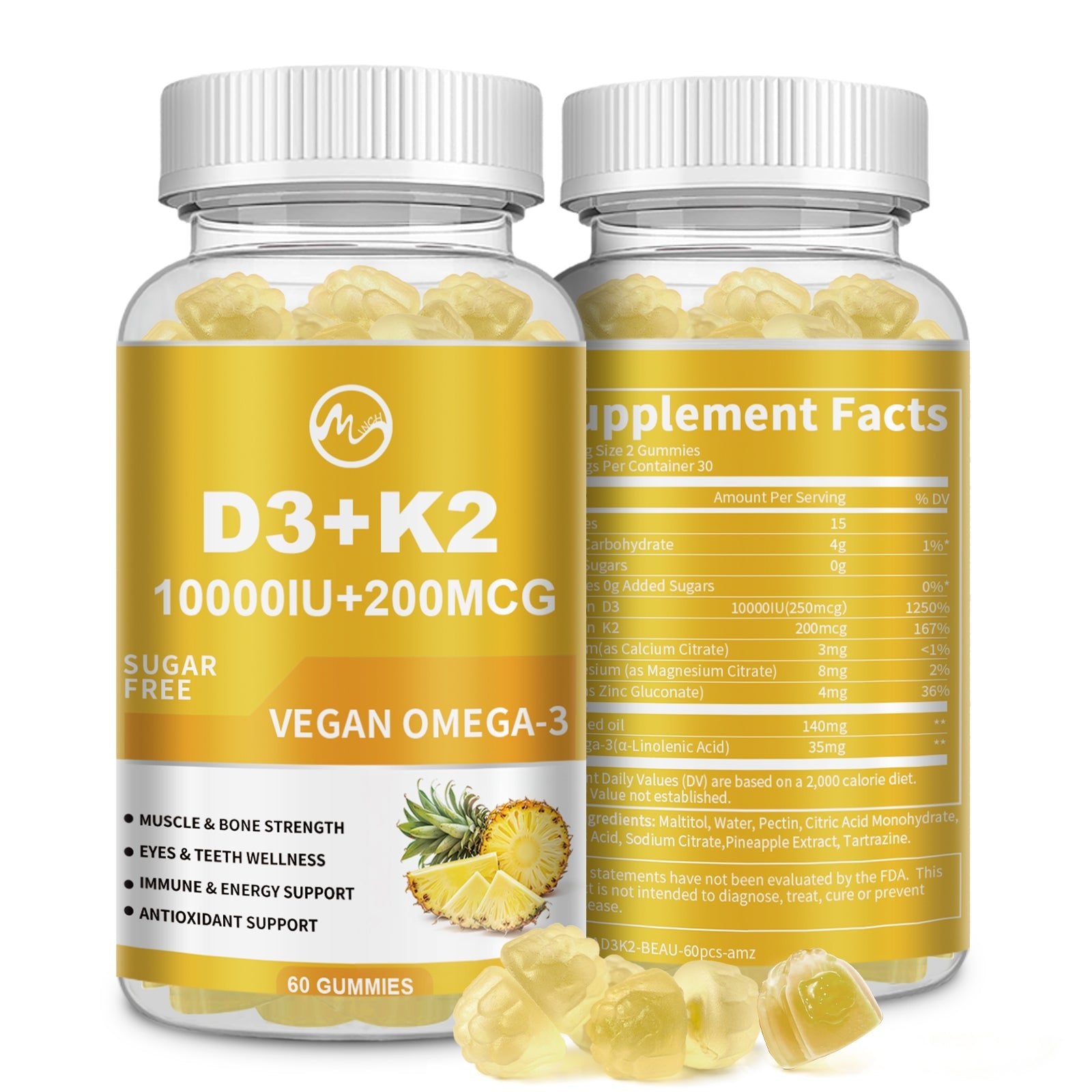 Minch Vitamin D3 K2 Filled Gummies Supplement with Omega-3, Calcium, Magnesium, Zinc, (2 Packs) - M inch
