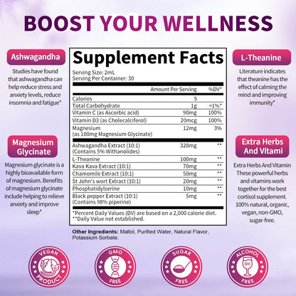 Cortisol Supplement Liquid Drops, Hormone Balance, Mood, Focus & Sleep Support,2 FL oz Blueberry Flavor