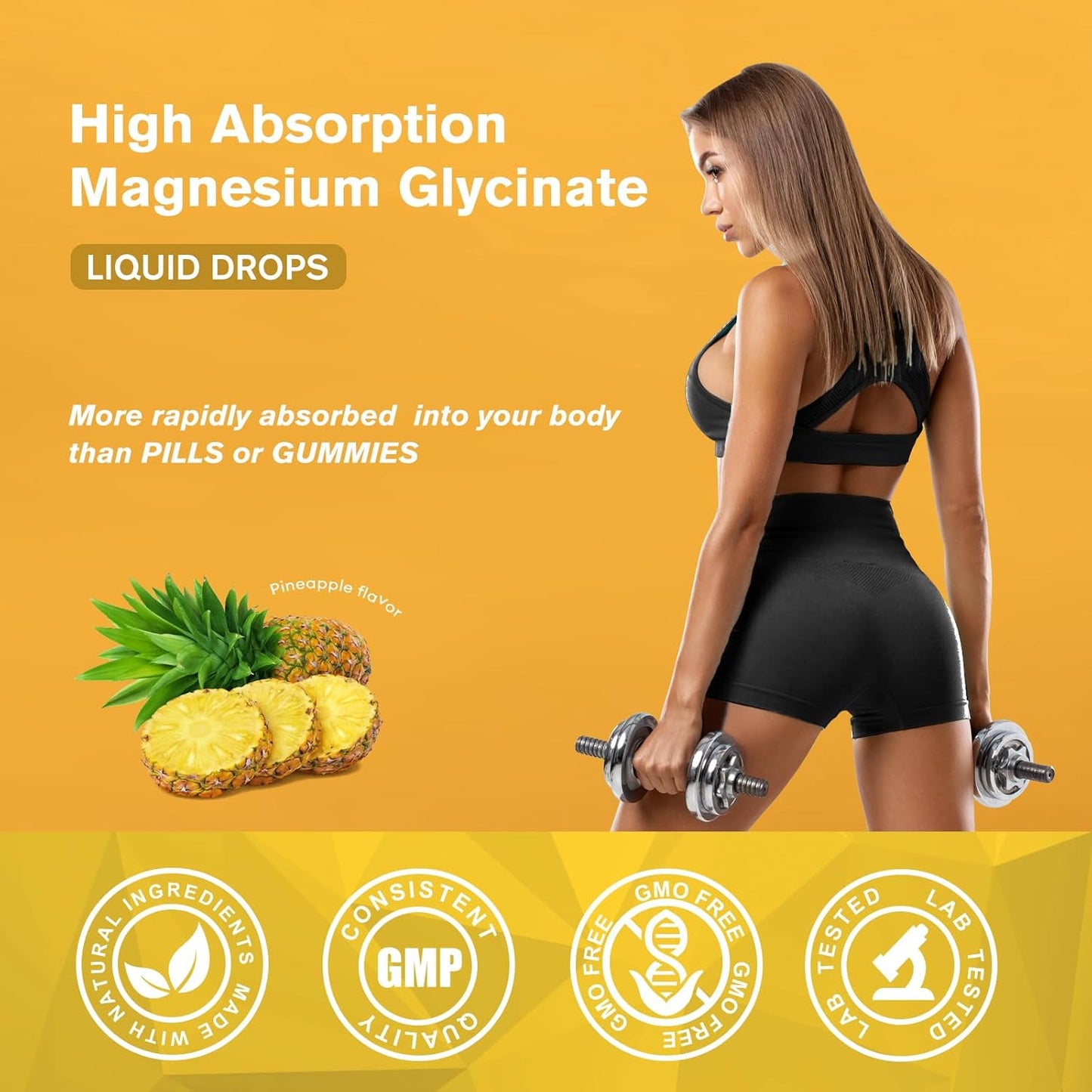 2 Packs-Pineapple Flavor-Magnesium Glycinate Supplement,Magnesium Liquid Drops with Magnesium Glycinate 500mg Fiber 500mg Bromelain Vitamin B,C,D - Promotes Nerve, Bowel, Relaxation Function