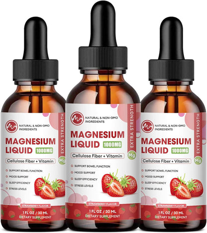 2 Packs-Strawberry Flavor-Magnesium Glycinate Supplement, Liquid Drops with Magnesium Glycinate 1000mg, Fiber 500mg, Bromelain, Vitamin B,C,D - Promotes Nerve, Bowel, Relaxation Function