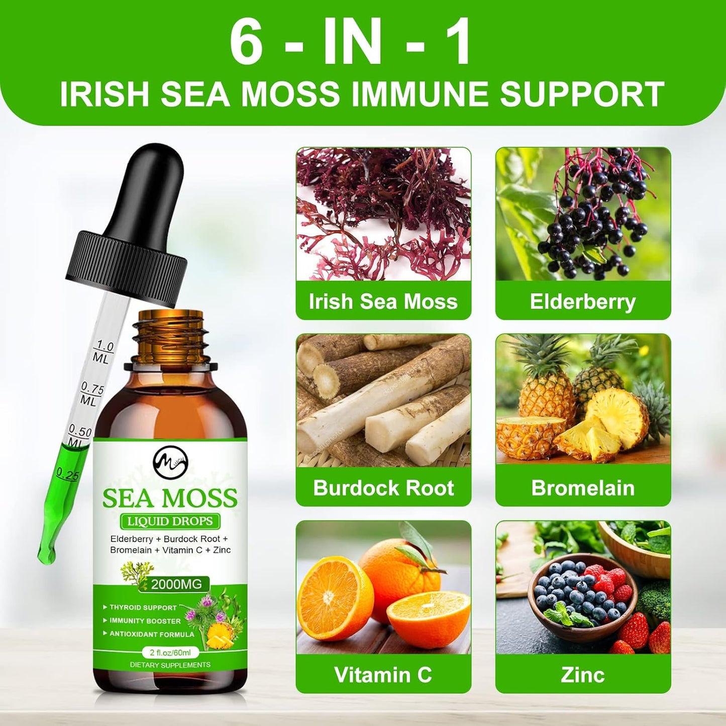 Sea Moss Liquid Drops - Irish Sea Moss 2000mg with Elderberry, Burdock Root, Bromelain, Vitamin C and Zinc - 98 Essential Minerals Seamoss Supplement for Immune, Joint, Digestion, Aging Support - 2oz