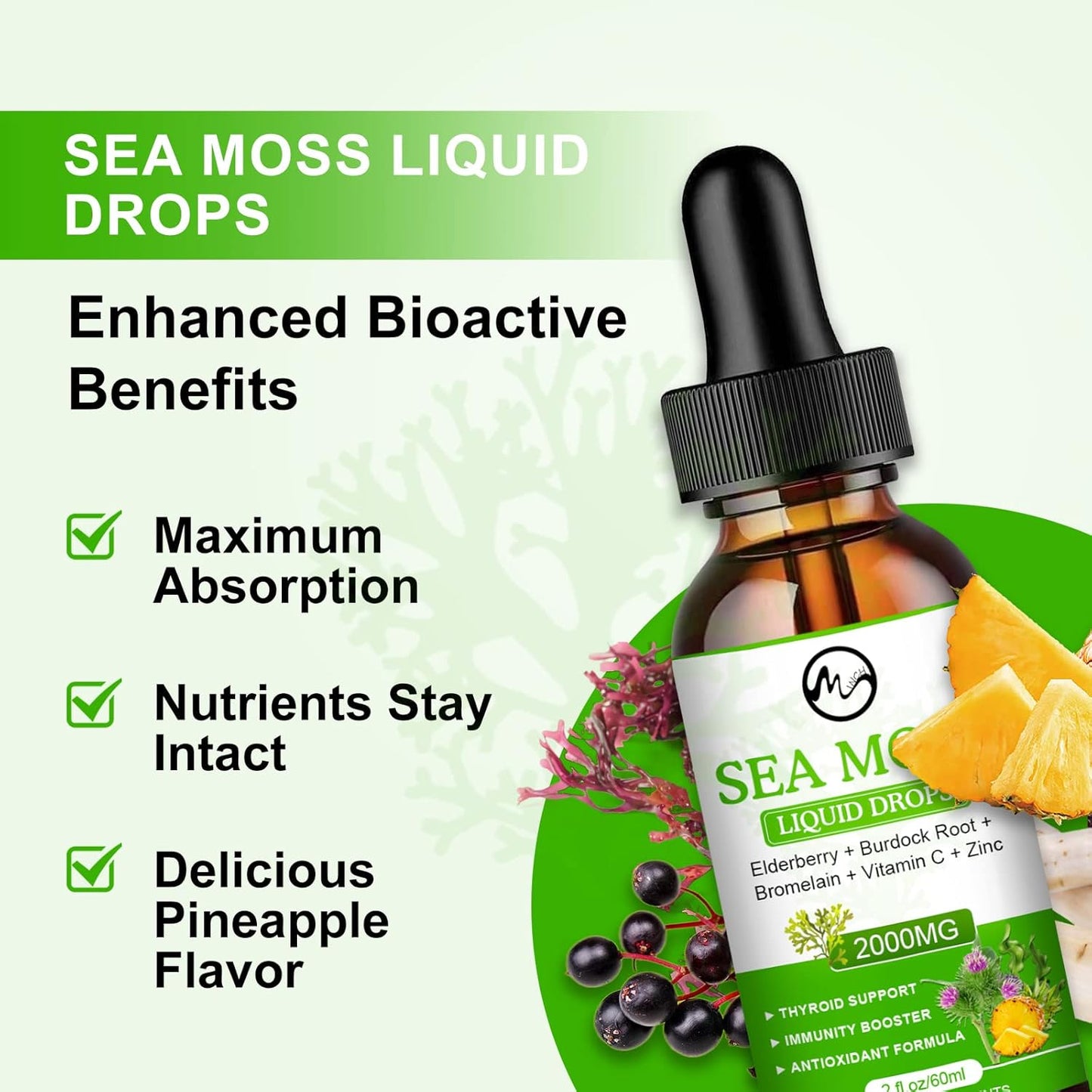 Sea Moss Liquid Drops - Irish Sea Moss 2000mg with Elderberry, Burdock Root, Bromelain, Vitamin C and Zinc - 98 Essential Minerals Seamoss Supplement for Immune, Joint, Digestion, Aging Support - 2oz