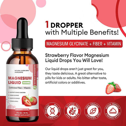 2 Packs-Strawberry Flavor-Magnesium Glycinate Supplement, Liquid Drops with Magnesium Glycinate 1000mg, Fiber 500mg, Bromelain, Vitamin B,C,D - Promotes Nerve, Bowel, Relaxation Function