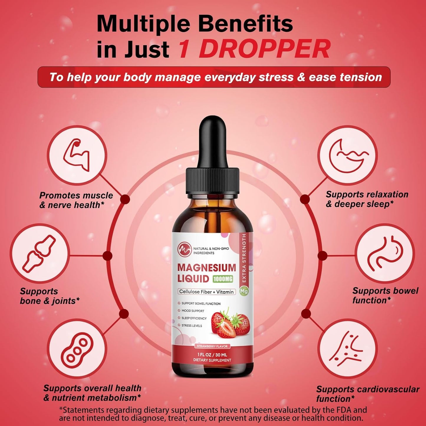 2 Packs-Strawberry Flavor-Magnesium Glycinate Supplement, Liquid Drops with Magnesium Glycinate 1000mg, Fiber 500mg, Bromelain, Vitamin B,C,D - Promotes Nerve, Bowel, Relaxation Function