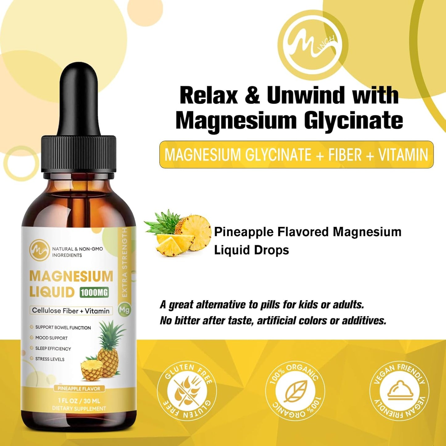 2 Packs-Pineapple Flavor-Magnesium Glycinate Supplement,Magnesium Liquid Drops with Magnesium Glycinate 500mg Fiber 500mg Bromelain Vitamin B,C,D - Promotes Nerve, Bowel, Relaxation Function