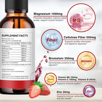 2 Packs-Strawberry Flavor-Magnesium Glycinate Supplement, Liquid Drops with Magnesium Glycinate 1000mg, Fiber 500mg, Bromelain, Vitamin B,C,D - Promotes Nerve, Bowel, Relaxation Function