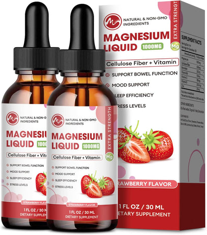 2 Packs-Strawberry Flavor-Magnesium Glycinate Supplement, Liquid Drops with Magnesium Glycinate 1000mg, Fiber 500mg, Bromelain, Vitamin B,C,D - Promotes Nerve, Bowel, Relaxation Function