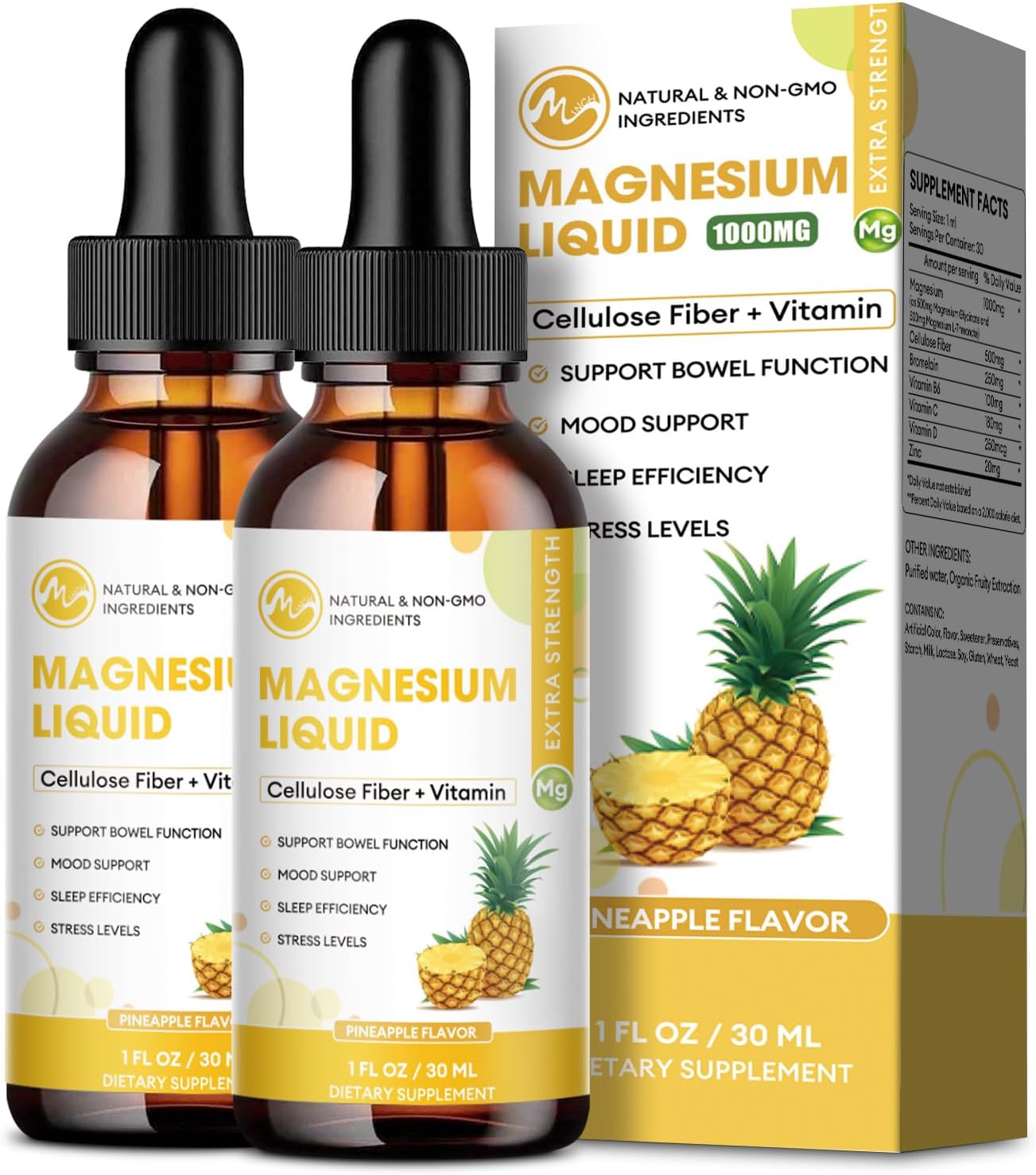 2 Packs-Pineapple Flavor-Magnesium Glycinate Supplement,Magnesium Liquid Drops with Magnesium Glycinate 500mg Fiber 500mg Bromelain Vitamin B,C,D - Promotes Nerve, Bowel, Relaxation Function