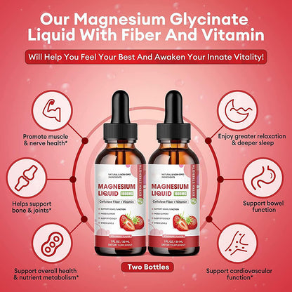 2 Packs-Strawberry Flavor-Magnesium Glycinate Supplement, Liquid Drops with Magnesium Glycinate 1000mg, Fiber 500mg, Bromelain, Vitamin B,C,D - Promotes Nerve, Bowel, Relaxation Function