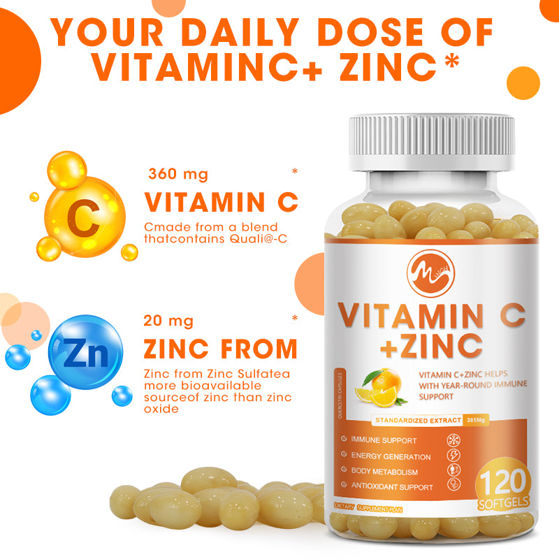 Vitamin C 1000mg Capsule With Zinc 20mg Immune Support, Energy Supplement Promote Hair, Skin, Nails & Joint Health Antioxidant