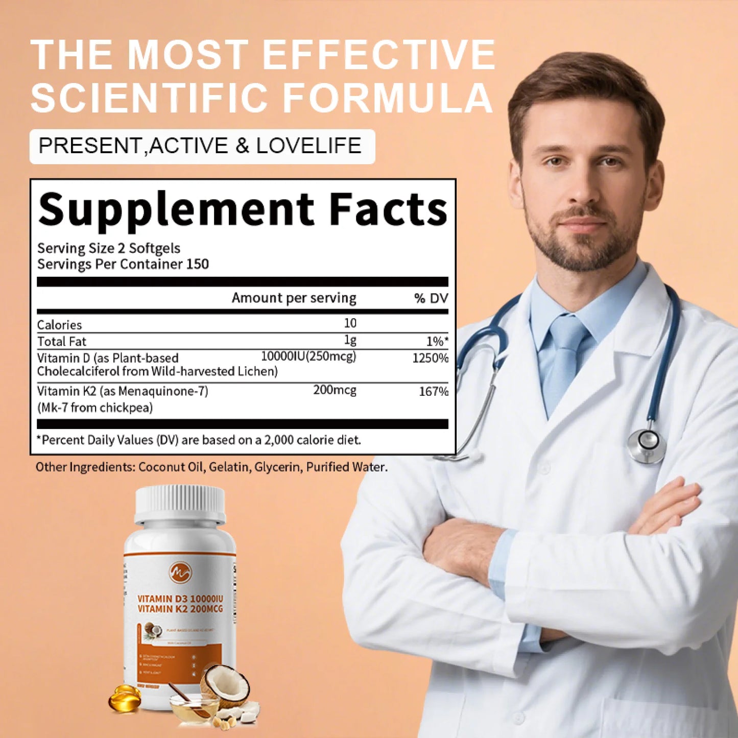 Vitamin D3 + K2 Dietary Supplement Vegetarian Capsules for Bone and Immune Health, 300 Count