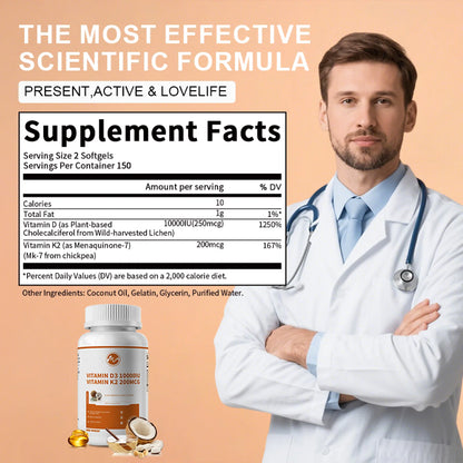 Vitamin D3 + K2 Dietary Supplement Vegetarian Capsules for Bone and Immune Health, 300 Count