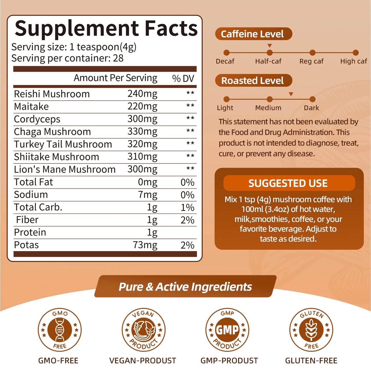 Mushroom Coffee Powder, Mushroom Supplement,for Energy, Focus, Memory and Immunity, 3.98 oz 57 Servings