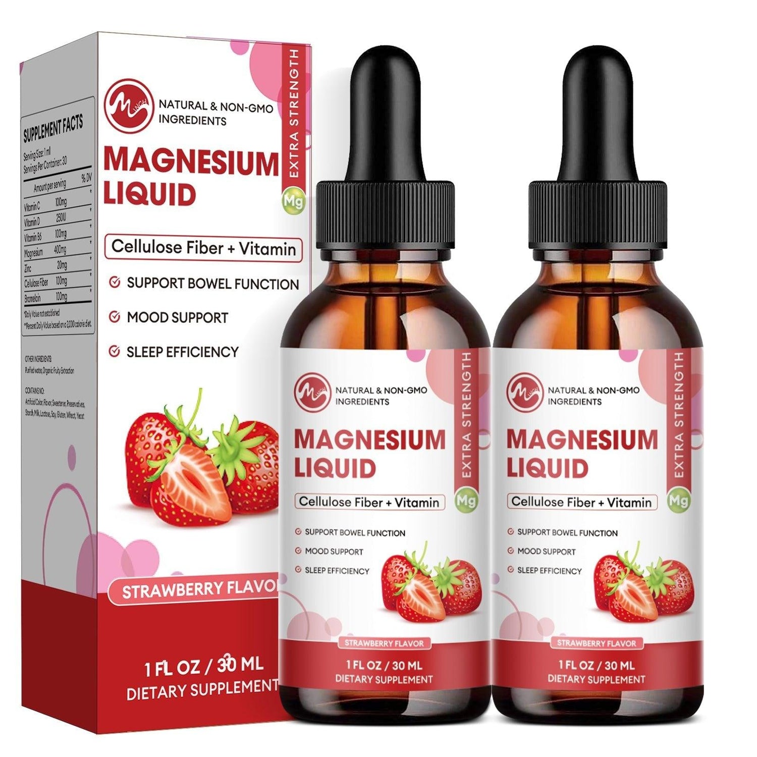 M inch Magnesium Glycinate Liquid, High Absorption Magnesium Liquid Drops with Cellulose Fiber, Bromelain, Vitamin B6, C, D, Zinc, Magnesium Supplement for Kids and Adults, Strawberry Flavor, 2 Pack - M inch