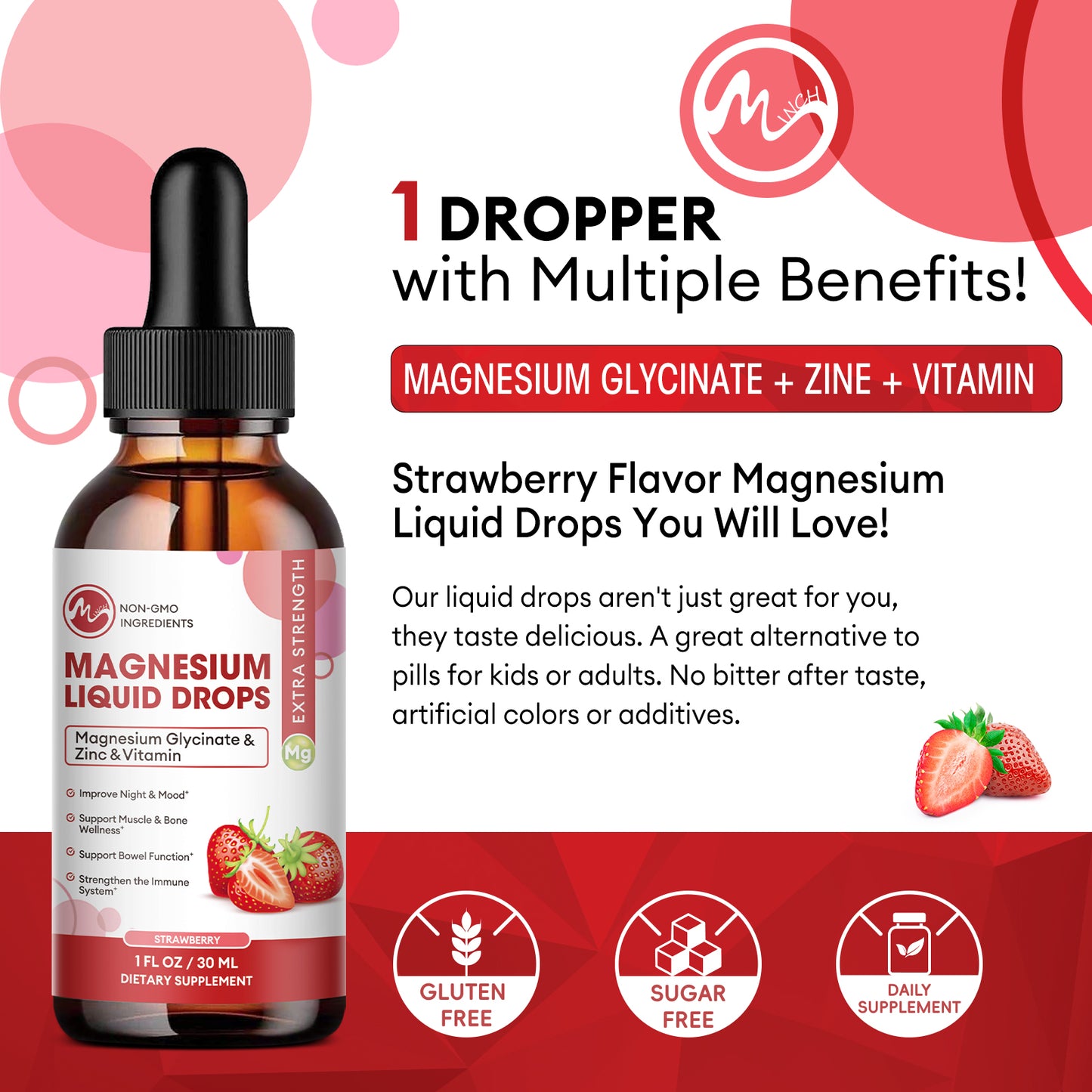 Minch Magnesium Liquid Drops 12-in-1 Magnesium Glycinate Complex | Strawberry Flavor