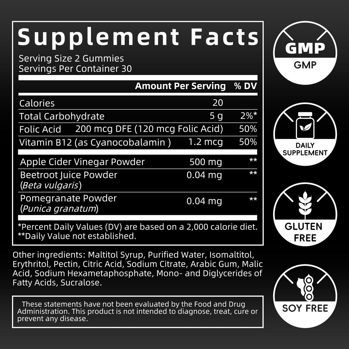 Apple Cider Vinegar Gummies,w/Vitamin B12, Energy and Immune Support Supplement, 60 Gummies