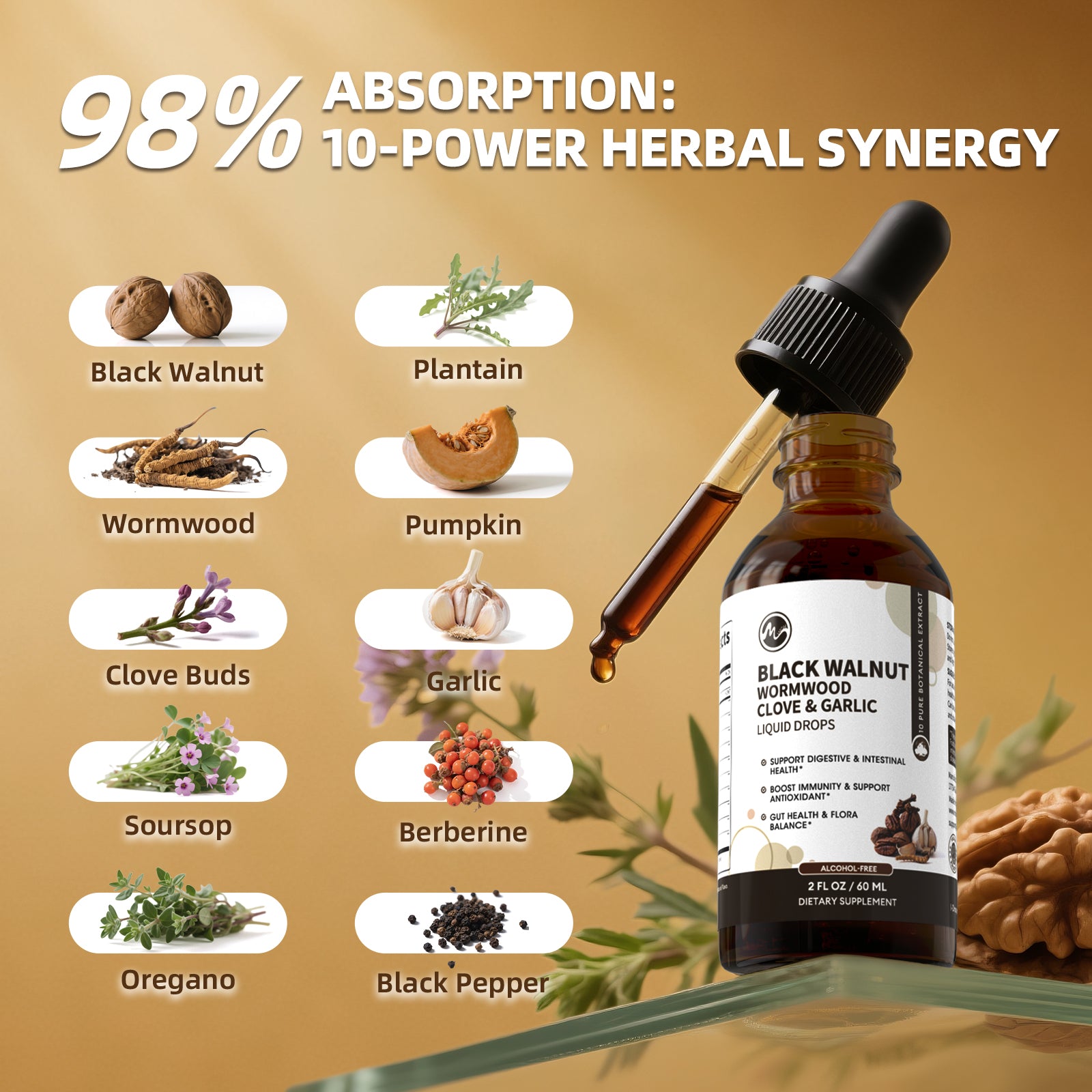 Natural gut-friendly tincture with garlic, berberine, soursop, and clove