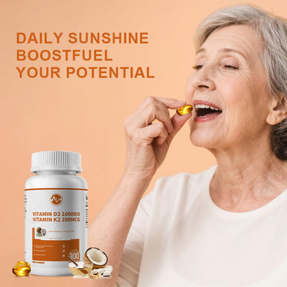 Vitamin D3 + K2 Dietary Supplement Vegetarian Capsules for Bone and Immune Health, 300 Count