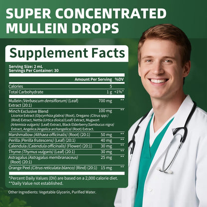 Mullein Leaf Extract Drops,Powerful Mullein Supplement for Immune Support,Detox & Respiratory Support,Lung Cleanse for Smokers - 2 Oz