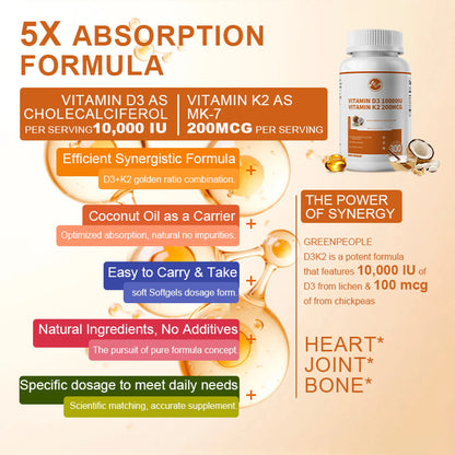Vitamin D3 + K2 Dietary Supplement Vegetarian Capsules for Bone and Immune Health, 300 Count