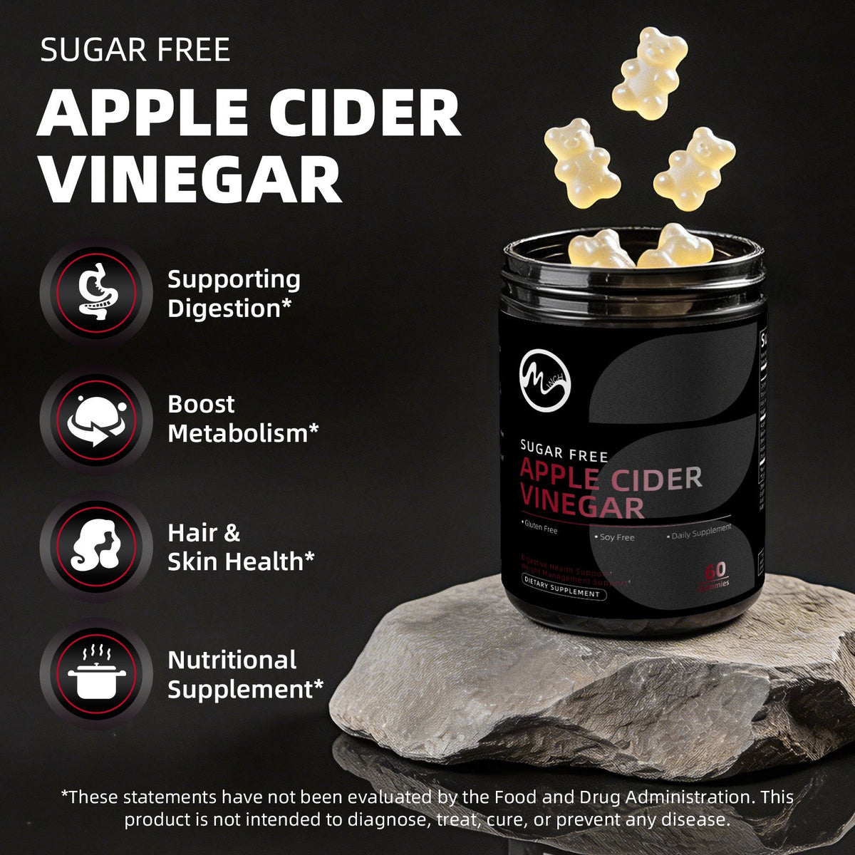 Apple Cider Vinegar Gummies,w/Vitamin B12, Energy and Immune Support Supplement, 60 Gummies