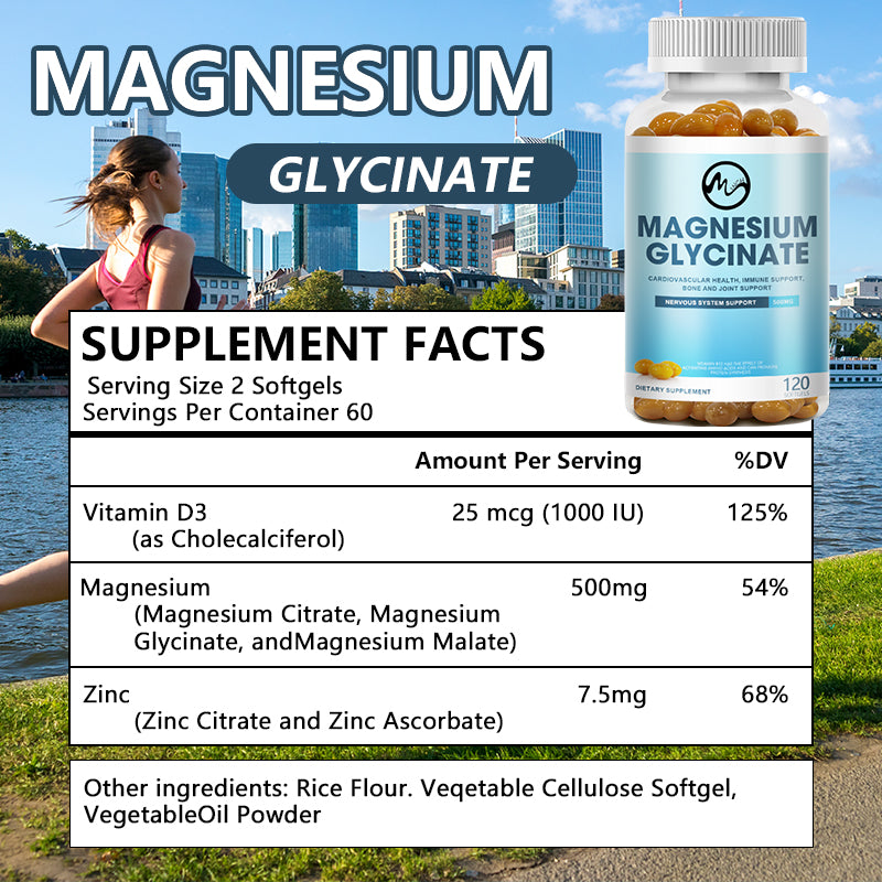 Magnesium Glycinate Capsules 500mg Support Bone Immune System Heart Health Mineral Supplement Help Natural Sleep