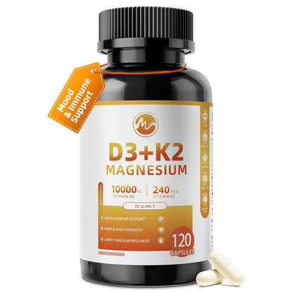 M inch Vitamin D3 K2 with Magnesium Complex, Vitamin D3 10000 IU, Vitamin K2 MK-7 240 mcg, 6-in-1 K2 D3 Vitamin Supplement for Bone, Immune & Mood Support, Highly Bioavailable, 120 Capsules