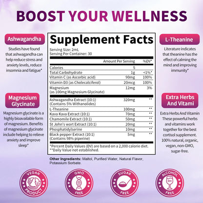 Cortisol Supplement Liquid Drops, Hormone Balance, Mood, Focus & Sleep Support,2 FL oz Blueberry Flavor