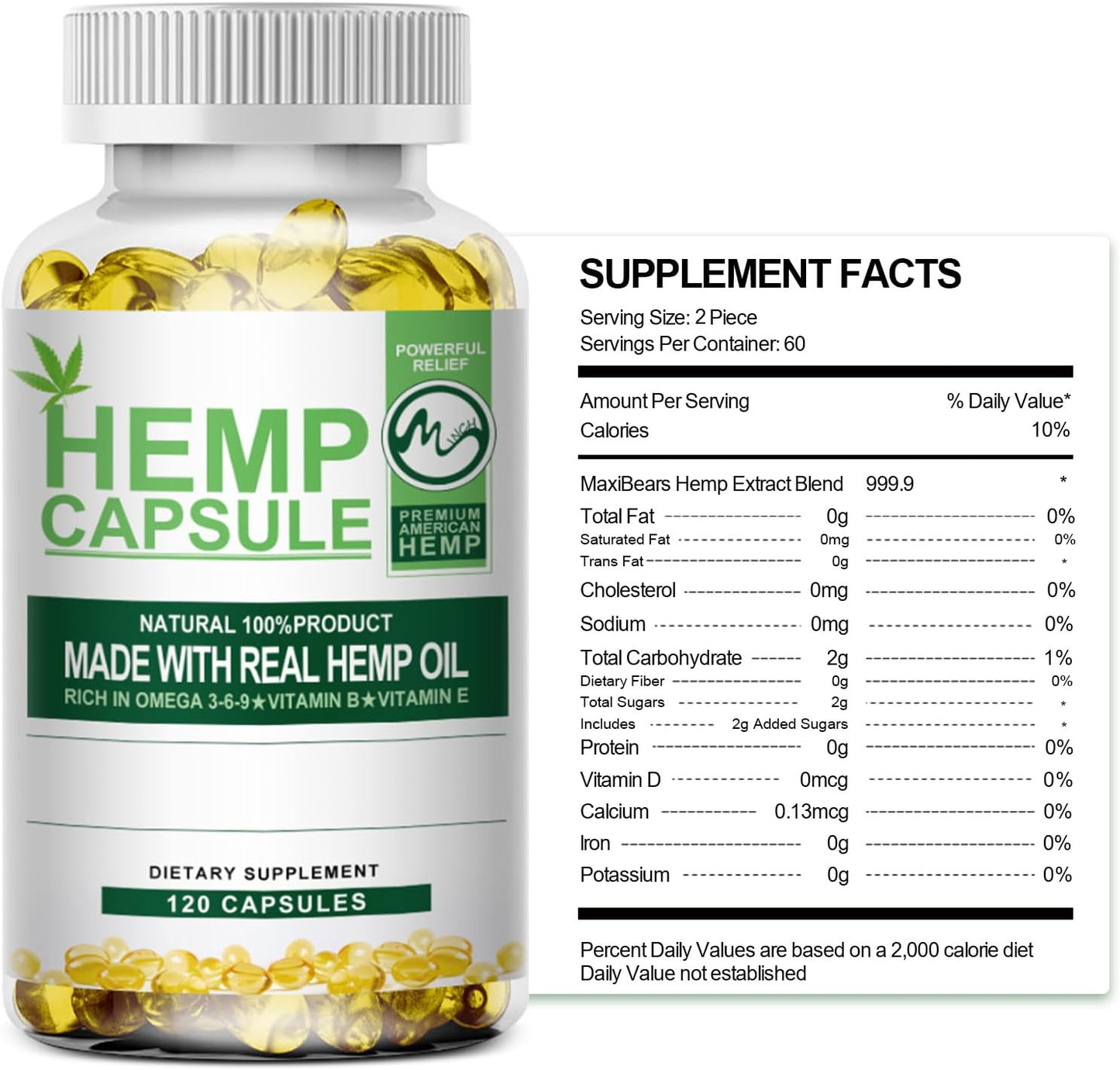 Hemp Oil Capsules - Maximum Strength, Immune Support, Focus Calm, Relaxation, Mood, Rich in Omega 3, 6, 9 Fatty Acids, Vegan, Non-GMO - 120 Ct