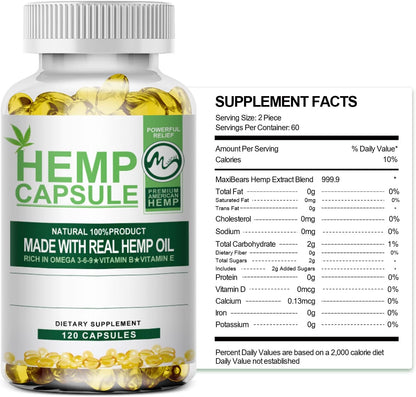 Hemp Oil Capsules - Maximum Strength, Immune Support, Focus Calm, Relaxation, Mood, Rich in Omega 3, 6, 9 Fatty Acids, Vegan, Non-GMO - 120 Ct
