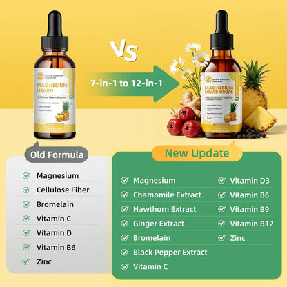 M inch High Absorption Magnesium Glycinate Liquid Drops with Chamomile, Hawthorn, Ginger Extract & Vitamin B6, B9, B12, C, D3, Pineapple Flavor, 2 Pack