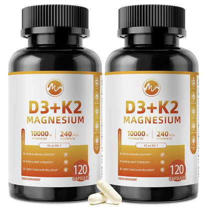 M inch Vitamin D3 K2 with Magnesium Complex, Vitamin D3 10000 IU, Vitamin K2 MK-7 240 mcg, 6-in-1 K2 D3 Vitamin Supplement for Bone, Immune & Mood Support, Highly Bioavailable, 120 Capsules