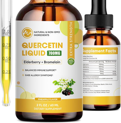 Quercetin Supplements 700mg Liquid Drops- 5 in 1 Quercetin with Bromelain Elderberry Vitamin for Immunity Health Respiratory