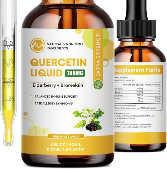 Quercetin Supplements 700mg Liquid Drops- 5 in 1 Quercetin with Bromelain Elderberry Vitamin for Immunity Health Respiratory