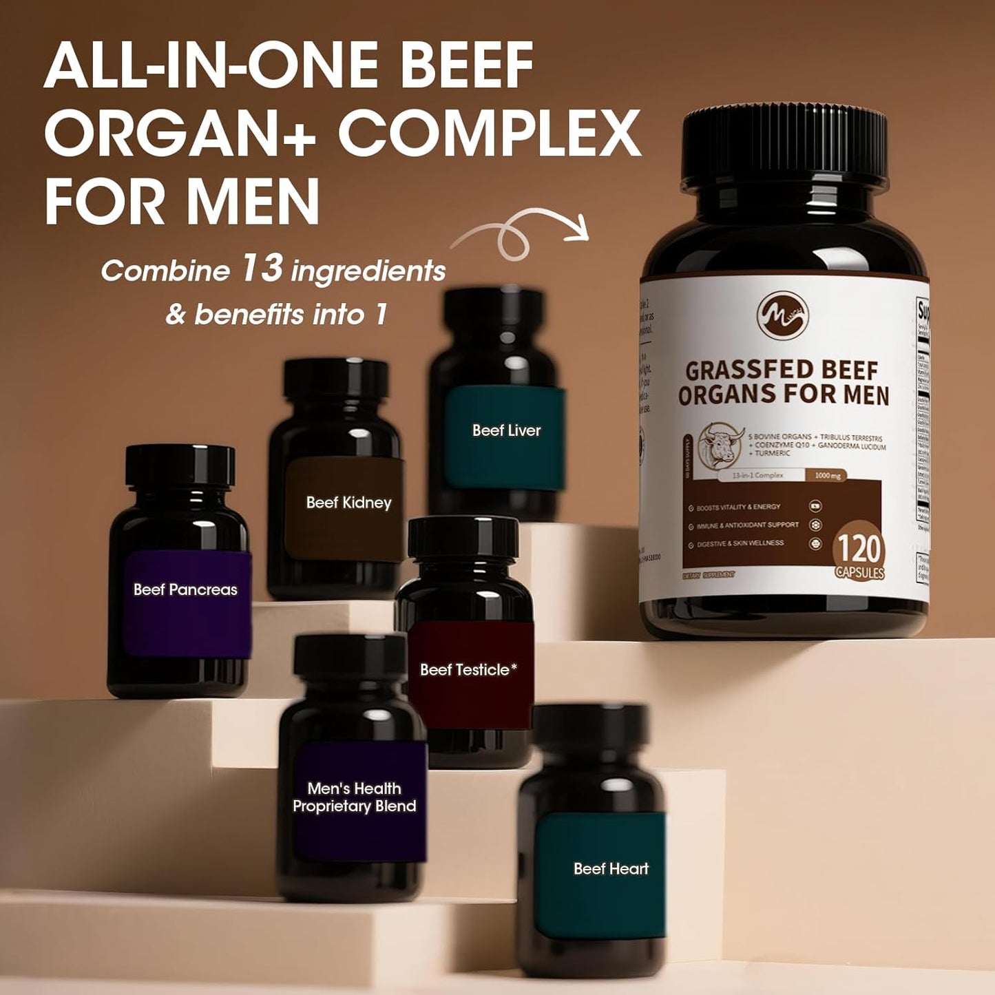 13-in-1 Vitality Complex Beef Organs Supplement for Men with Grass-Fed Beef Liver, Heart, Kidney, Pancreas, Tribulus Terrestris, CoQ10, Ganoderma