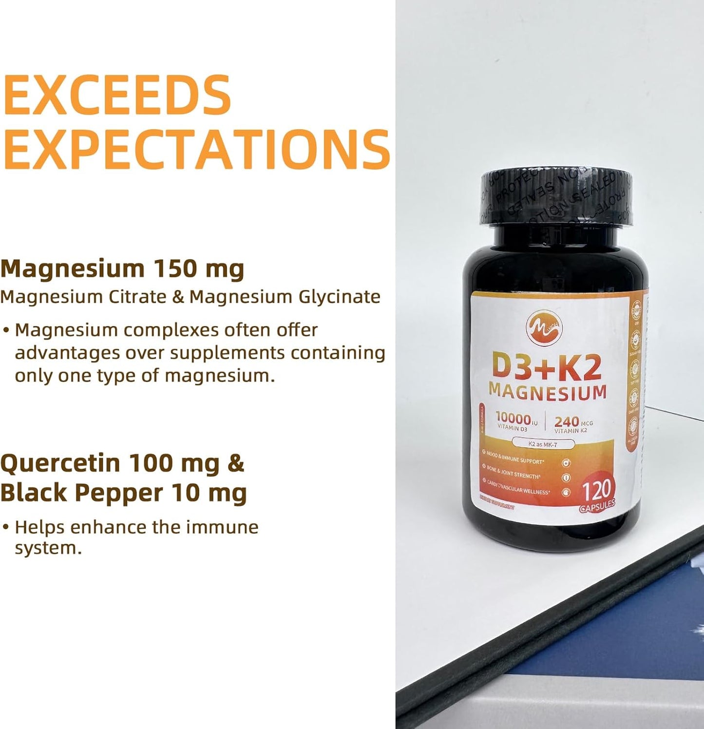M inch Vitamin D3 K2 with Magnesium Complex, Vitamin D3 10000 IU, Vitamin K2 MK-7 240 mcg, 6-in-1 K2 D3 Vitamin Supplement for Bone, Immune & Mood Support, Highly Bioavailable, 120 Capsules
